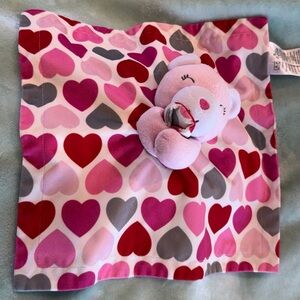 NWOT Baby Essentials Pink Bear Plush Lovey Security Blanket Red Gray Hearts 13"